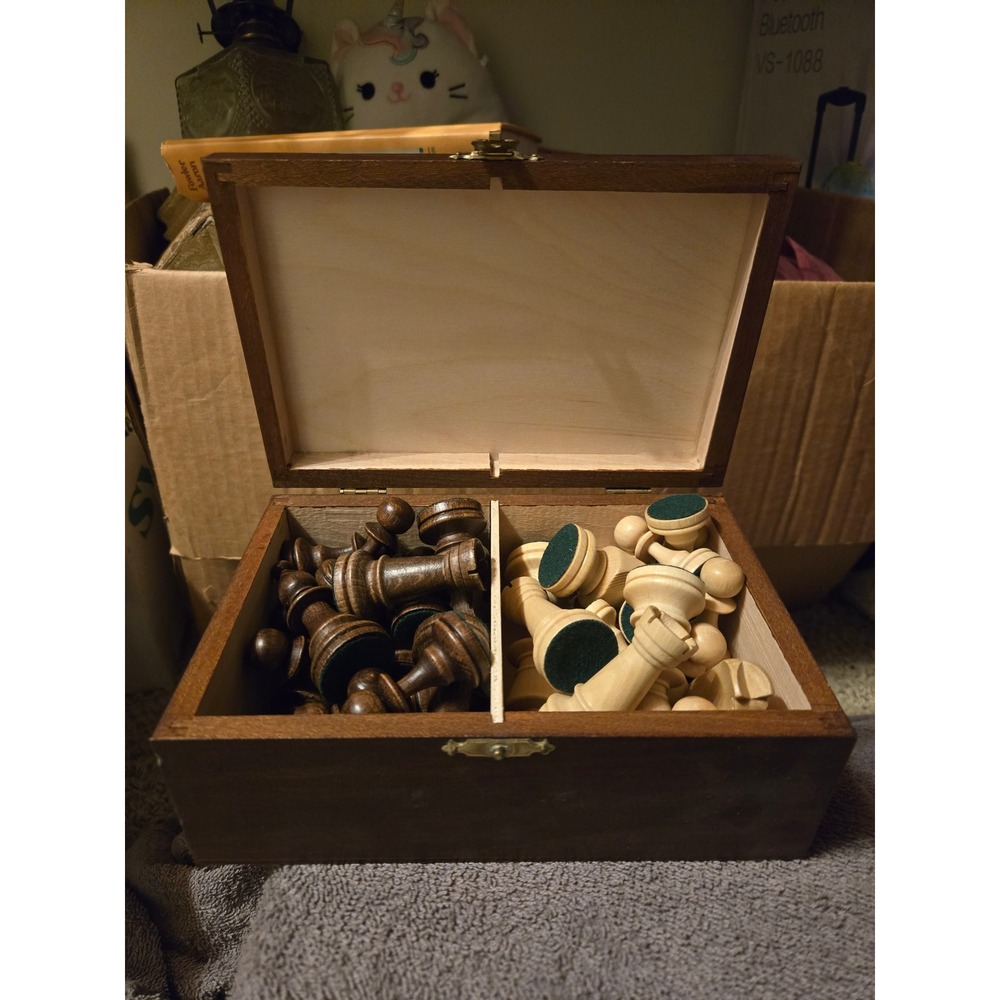 Wooden Chess Pieces Set with Hinged Storage Box Natural and Dark Stain Wood
